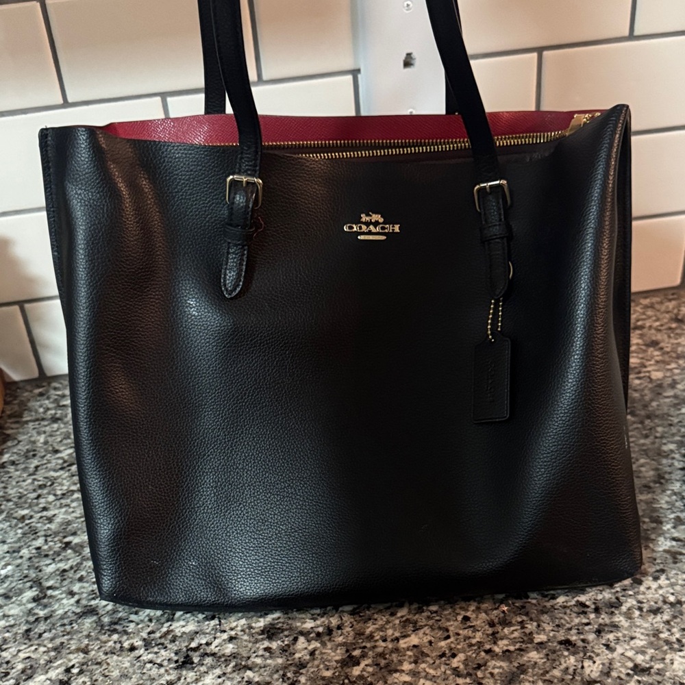 Coach Black Leather Tote with Red Interior